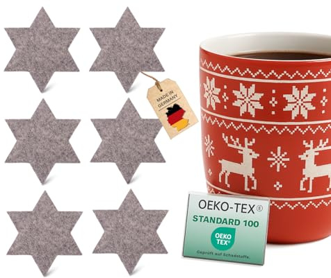 kontor28® - Untersetzer Weihnachten aus 100% Reinem Wollfilz | Filzuntersetzer Weihnachten Made IN Germany - 6er-Set - Motiv Stern | Weihnachtsuntersetzer schmutz- und wasserabweisend, Farbe Grau