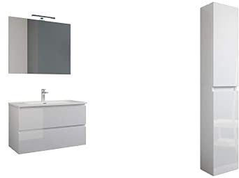 Mama Store Collezione Atena, Set da bagno, Mobile da bagno sospeso con lavabo da 60cm, con Colonna sospesa 2 ante, Laccato Bianco Lucido