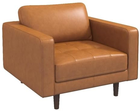 Pemberly Row Mid-Century Genuine Leather Armchair, Tan Upholstery, Walnut Stained Rubberwood Frame, Pillow Back Cushion, 33 H x 40 W x 38 D, Elegant Accent Chair for Living Room or Master Suite