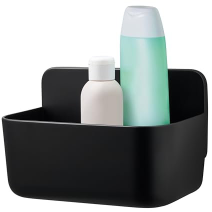 tesa Lavaa Duschkorb S, schwarz matt - Duschablage zur Wandmontage ohne Bohren, inkl. tesa Powerstrips Waterproof Strips XL - 200 mm x 130 mm x 110 mm