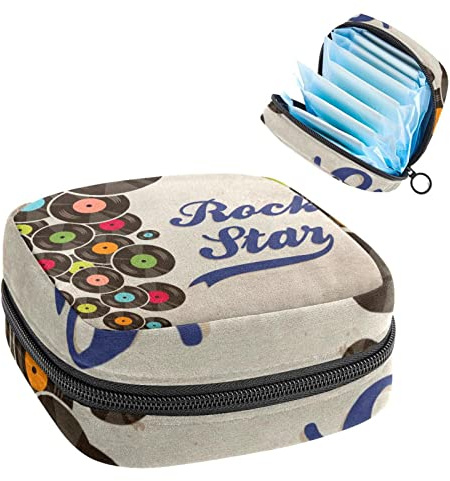 Damenbinden Aufbewahrungstasche, Period Kit Tasche für Schule, Menstruationstasse Tasche, Damenbinden Pads Organizer Tasche, Vintage Rock Records