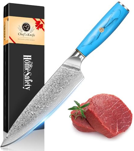 Home Safety Damast Küchenmesser, Kochmesser Damastmesser mit extrem Scharf 19.5 cm Klinge Chefmesser aus 67 Lagen Vg-10 Damaststahl Ergonomischer Naturharzgriff, Geschenkbox
