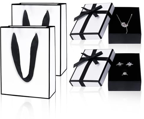 2 Stück Schmuck Geschenkbox, 9× 7× 3cm Geschenkbox Klein mit Geschenktüte für Ring Ohrring, Halskette, Armband, Ohrring Halskette Geschenkschachtel(Weiß)