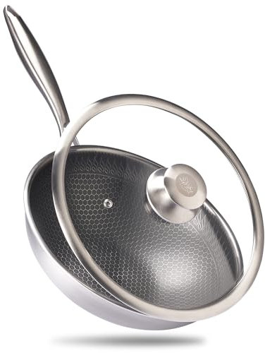 REISHUNGER Wok Premium in acciaio inox, diametro 28 cm, con coperchio in vetro, adatto a tutti i piani cottura, a induzione, struttura a nido d'ape con rivestimento antiaderente