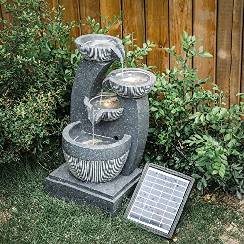 Fuente de agua para jardín interior/exterior Fuente de agua para exteriores Efecto piedra de jardín Fuente de agua de 4 tazones Fuente de cataratas LED solar para interiores y exteriores para terraza,