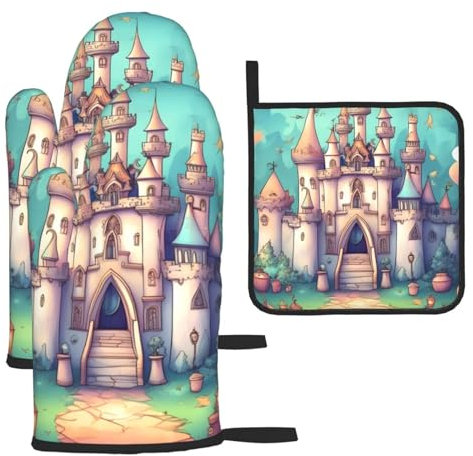 Classical Castle - Set di 3 guanti e presine antiscottatura per cucinare e grigliare, regalo di Natale per la festa della mamma