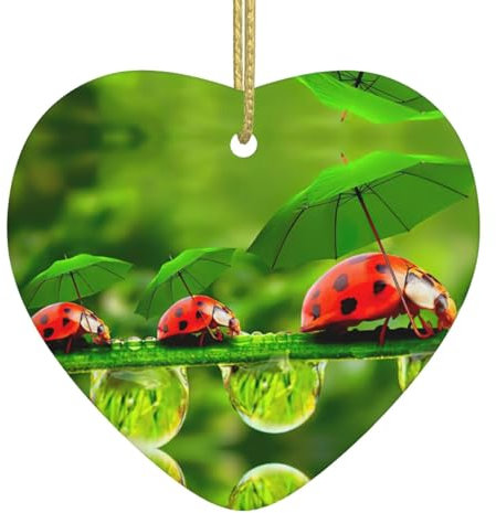 Weihnachtsbaum-Keramik-Herz-Ornamente, passend für Paare, Hochzeit, Weihnachtsdekoration, lustiger Marienkäfer mit Regenschirmen