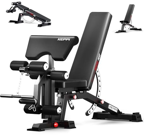 KeppiFitness - Banco de pesas ajustable, banco de entrenamiento resistente con extensión de pierna y almohadilla de predicador para gimnasio en casa, gimnasio, fitness, inclinación plana