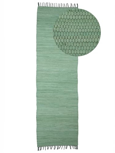 carpetfine Flickenteppich Kelim Chindi Uni Läufer Grün 60x180 cm, handgewebt | Fleckerlteppich aus Baumwolle für Wohnzimmermit Fransen