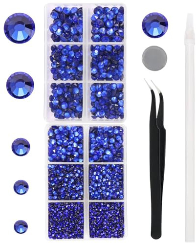 YHMQ DU 6616 Strass Hotfix en Verre Cristal Bleu saphir SS6-SS30 | strass thermocollant pour vetement, tailles SS6 à SS30, avec pince à épiler et stylo, pour vêtements, tissus et DIY