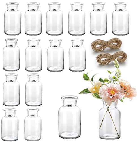 Otauoaea Lot de 15 mini vases en verre de 130 ml pour décoration de table de mariage avec 2 x 8 m de ficelle de jute - Petits vases en verre - Décoration de table