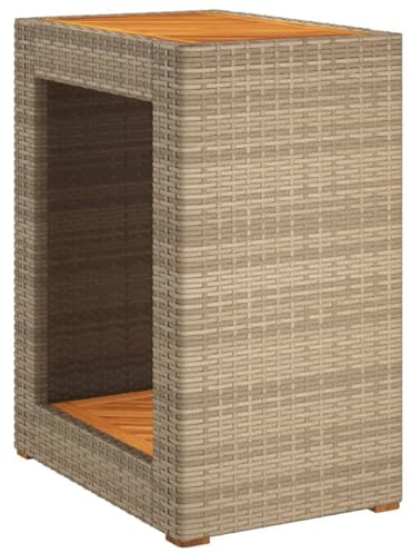 SDWEHO7 Gartentisch mit Holzplatte, Polyrattan Beistelltisch Kaffeetisch Teetisch Rattantisch Balkontisch Wetterfest Garten Balkon Esstisch, Beige 60x40x75 cm