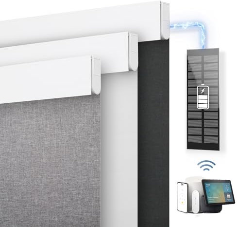 DENFOON Motorized Blinds with Remote control, Custom Blackout Smart Blinds [with Cover],Electric Blinds with Complimentary Solar Panel, Cordless Automatic Roller Shades for Windows (Grey，30W x 72H)