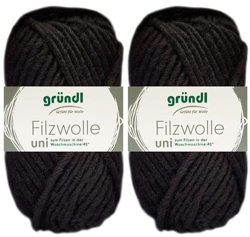 2x50 Gramm Gründl Filzwolle Uni aus 100% reiner Schurwolle inkl. Anleitung für Topflappen (03 Schwarz)