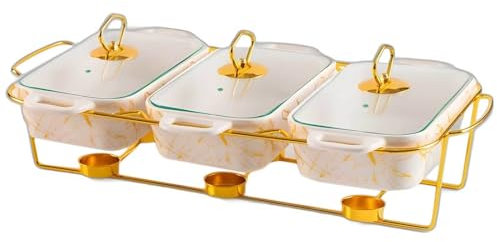 Ceramics Chafing Dish Buffet Set 3 in 1-3x0.9 QT Chafing Dishes for Buffet - Warming Trays for Food - Chafers and Buffet Warmers Sets with Glass Lid for Birthday, Wedding