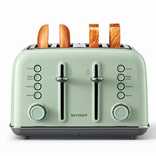 BUYDEEM Grille-pain rétro à 4 tranches, fentes extra larges, en acier inoxydable avec levier de levage, fonction bagel et muffin, plateau à crumb amovible, 7 réglages d'ombre à toast, vert douillet