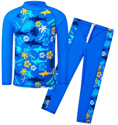 HUAANIUE Boys 3-12Y Two Piece Long Sleeve Swimsuit UPF 50+ Sun Protection