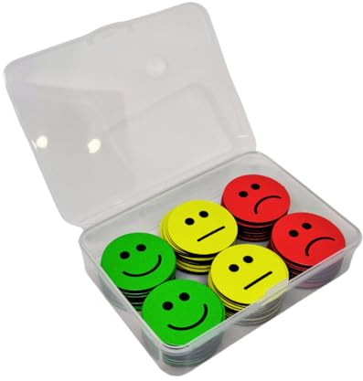 90 Feedback Magnete im Set (Durchmesser 2,5cm): 30 fröhliche grüne, 30 neutrale gelbe & 30 traurige rote Gesichter – Ideal für kreative Kommunikation in Schule, Job & Alltag (25mm)