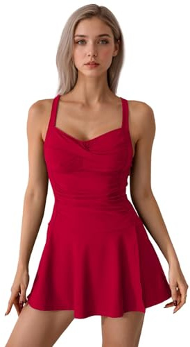 TERODACO 2 Piece Womens Tankini Sets with Shorts Removable Padded Women Swimwear Tummy Control Adjustable Strap Swimming Costumes Ladies Swimsuit Swimdress Bathing Suit, Quick Dry 25012 Red S