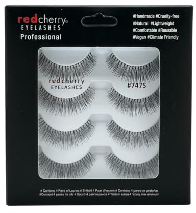 Red Cherry Eyelashes #747s Multipack 4 Paar Professional Echthaar Wimpern, handgefertigt, vegan, tierversuchsfrei, schwarz, für den natürlichen Look