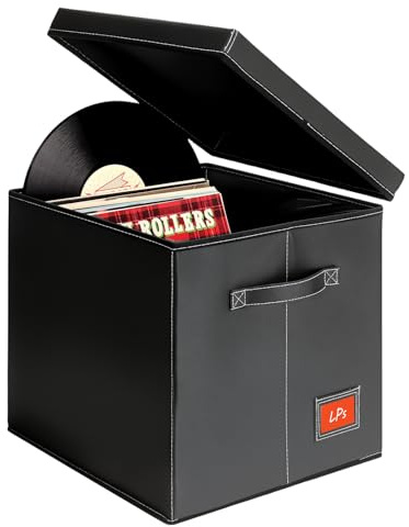 yoyobubu Black Faux Leather Vinyl Record Storage Box – 12-Inch LP Record Holder & Case with Lid – Stackable Record Storage Crate for Albums, Rolls & Accessories – Sturdy Organizer 1Pack