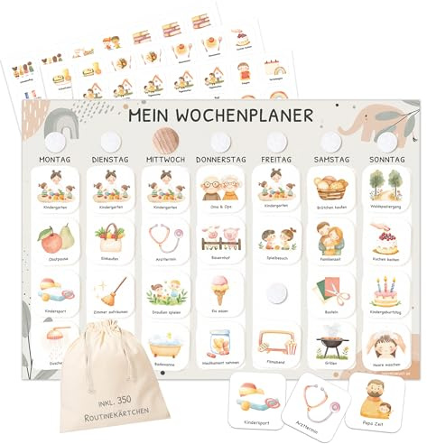 JEKA Wochenplaner Kinder mit Klettpunkten, Montessori Tagesplan mit 350 Routinekarten – visueller Routineplaner für Kinder (Elefant)