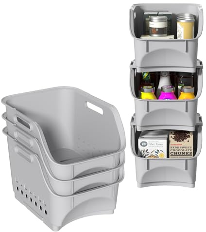 Vareone 3 Pack Open Front Storage Baskets, Plastic Kitchen Stacking Baskets for Organizing Fruits Vegetables Condiments, Gray