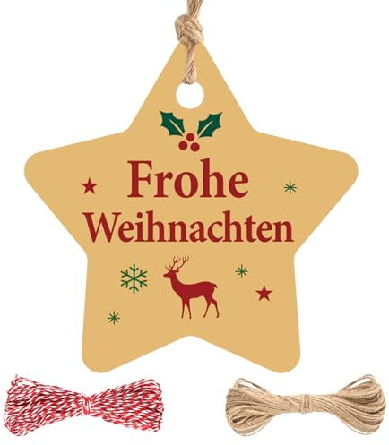 jijAcraft Frohe Weihnachten Geschenkeanhänger Stern: 6CM Weihnachtsanhänger, Frohe Weihnachten Papieretiketten Tags mit Schnur für Weihnachtsbaum Party Dekoration