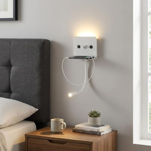 BARCELONA LED Aplique Pared LED Blanco Cabecero Cama con USB y USB-C, Lámpara Lectura Flexo Orientable 3W + Luz Ambiente 6W 3000K, Estante Integrado, Doble Interruptor, Estilo Nórdico Minimalista
