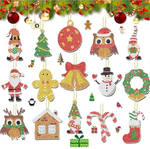 Anpumoony Set di 15 ciondoli per pittura con diamanti 5D, per bambini, Babbo Natale, pupazzo di neve su entrambi i lati, kit fai da te, decorazione per albero di Natale
