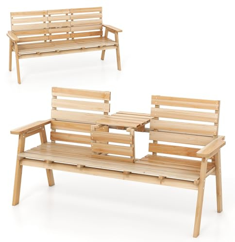 KOMFOTTEU Gartenbank aus Tannenholz, Lattenbank mit klappbarem Mitteltisch, Holzbank für 2-3 Personen bis 320 kg, Parksessel Sitzbank 160 x 64 x 86 cm, Parkbank für Garten, Balkon (Natur)