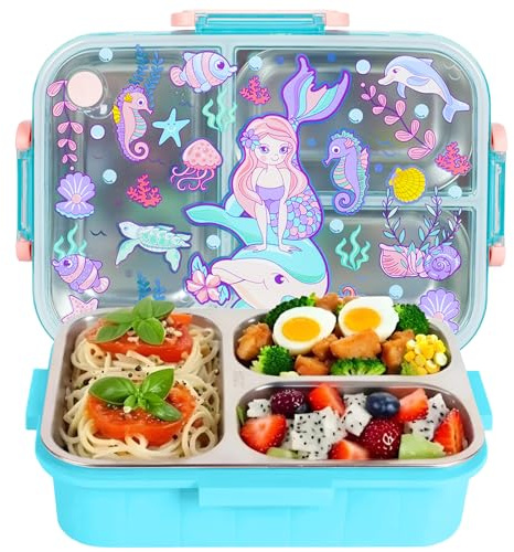 PinkSheep Fiambrera de acero inoxidable con 3 compartimentos, fiambrera de 800 ml para niños, personalizada, sin BPA, a prueba de fugas, caja bento para pícnic, escolar, almuerzo, recipiente para