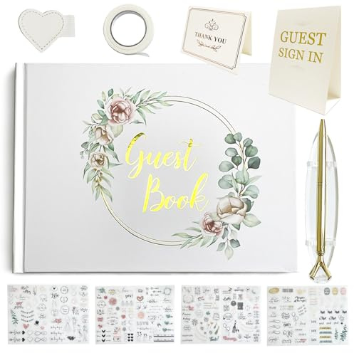 Chenluvia Guest Book and Pen Stand Set, Polaroid Sign in Book for Weddings, Parties, Baby Showers, 9”× 6.7” Blank or Lined Pages (Lined & Blank)