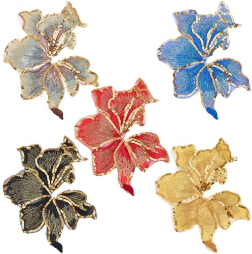 CABODYALS 5 Stück 5 Farben Stickerei Pailletten BLUMESSnspitze Applikation Glitzer Ahornblatt Gartenform Stoffflicken Aufnäher Pailletten Applikationen Zum Nähen Herstellung Kleider Taschen Dekor Klei
