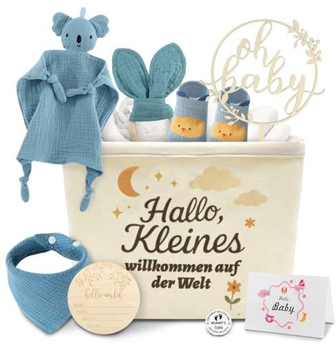 Baby Geschenk Junge & Mädchen Neugeborenen Set Babyparty Geburt Geschenkset Babygeschenke inkl. Koala Schnuffeltuch, Holz Meilensteinkarten, Socken, Lätzchen, Holzschild & Geschenkkarte - Blau