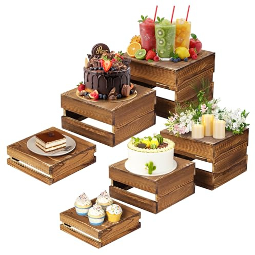 HOMIEE 6 Pack Buffet Risers Wooden Display Stand Square Wood Cupcake Stands Food Risers for Buffet Table Stackable Cube Boxes Display for Birthday, Parties, Wedding Home Decor