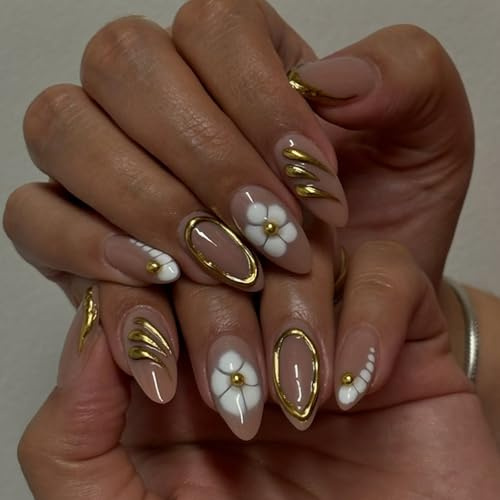 Almond False Nails - 24pcs French Tip False Nails Oval - 3D Stereoscopic Gold Pattern and White Flowers - Acrylic Nails Glossy Nude Designs for Women Nail Art Manicure Decoration