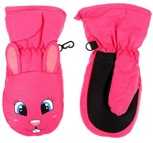 Cabilock Ski Mittens Waterproof Fleece-Lined Snow Gloves for Boys and, Warm Winter Skiing Gloves Non-Slip Palm, Size L for 6-8 Years, Cute Rose Red Rabbit Design