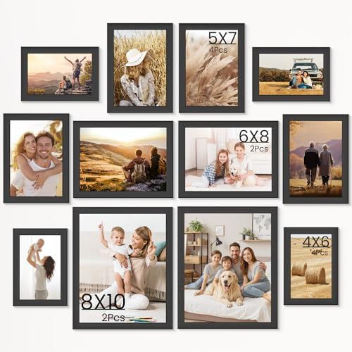 KovaScape 12-teiliges Bilderrahmen-Set Schwarz, WPC Holzoptik Collage-Bilderrahmen für Wand & Tisch, 10x15 13x18 15x20 20x25 cm, Bruchsichere Acrylglasscheibe, Sicher für Kinder & Haustiere
