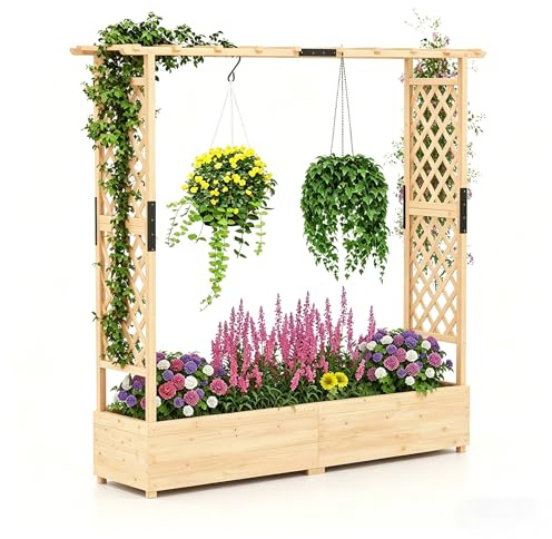 COSTWAY Garden Planter with Trellis, Hanging Roof and Drainage Holes, Weather-Resistant Wooden Raised Bed for Vine Climbing Plants, Outdoor Trough Container Grow Box Flower Pot (Natural, 196x44x182cm)