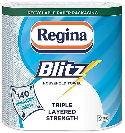 Regina Blitz Household Towels – 2 Rolls, 3-ply Kitchen Roll, 70 Sheets Each, Paper Packaging, FSC Certified, Recyclable, 60% Larger Sheets