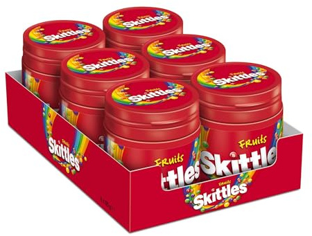 Skittles Fruits Kaubonbons, Ananas Mandarine Kirsche, vegan, 6 Dosen 750g | Bunte Fruchtbonbons mit Ananas, Mandarine und Kirsche in praktischen Dosen für Büro, unterwegs und zum Teilen