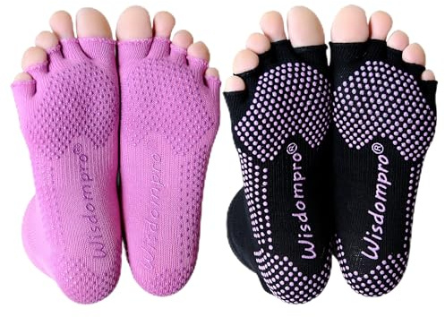 Lot de 2 paires de chaussettes de yoga souples demi-orteils pour homme et femme avec grip antidérapant pour yoga, pilates, ballet, danse