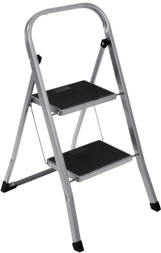 Scala pieghevole a 2 gradini, scala pieghevole fino a 150 kg (2 livelli, argento/nero)