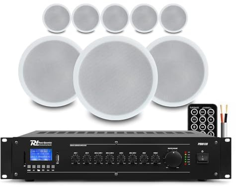 Power Dynamics 8x 5-Inch Ceiling Speaker System & Bluetooth 100V Mixer Amp | 120W amplifier, VOX priority, emergency mute, 100m speaker cable included