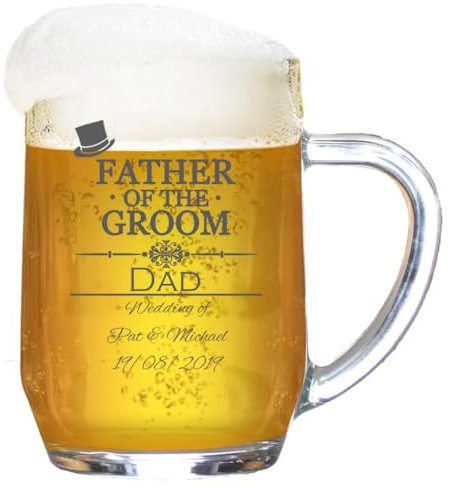 Personalised Tankard ‘Father of The Bride’ Engraved Beer Glass Stein | 1 Pint Beer Glass Mug with Handle | Gift for Wedding | Includes Protective Box | Customise with Any Name and Date, 590 ml