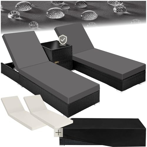 tectake® Set 2 Tumbonas de Ratán y Aluminio + Mesa Jardín, Tumbonas Piscina Respaldo Regulable, Tumbonas Playa Resistente a Rayos UV, Fácil Limpieza, Fundas Intercambiables, Funda Protectora - Negro