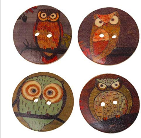 15 Stück Premium Holzknöpfe Motiv Eule rund 3cm Durchmesser, braun verschiedene Eulenmotive Zweilochknöpfe 2-Loch Knöpfe aus Holz zum annähen nähen aufnähen Jackenknöpfe Bastelknöpfe