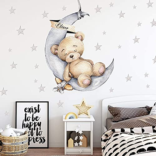 Bär auf dem Mond mit Wunschname Wandtattoo V300 | handgezeichnet | AUFKLEBER Kindergarten | Wandsticker Kinderzimmer Teddybär mit Sterne Teddy (21 x 30 cm)