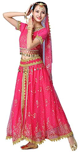 Damen Erwachsene Tanzkleidung Indische Chiffon Tops und Pailletten-Accessoires Flamenco Langer Rock Professionelles Karnevals-Outfit Bauchtanz Festival Kostüm Anzug Bauchtanz Kleidung Rose(8PCS) M